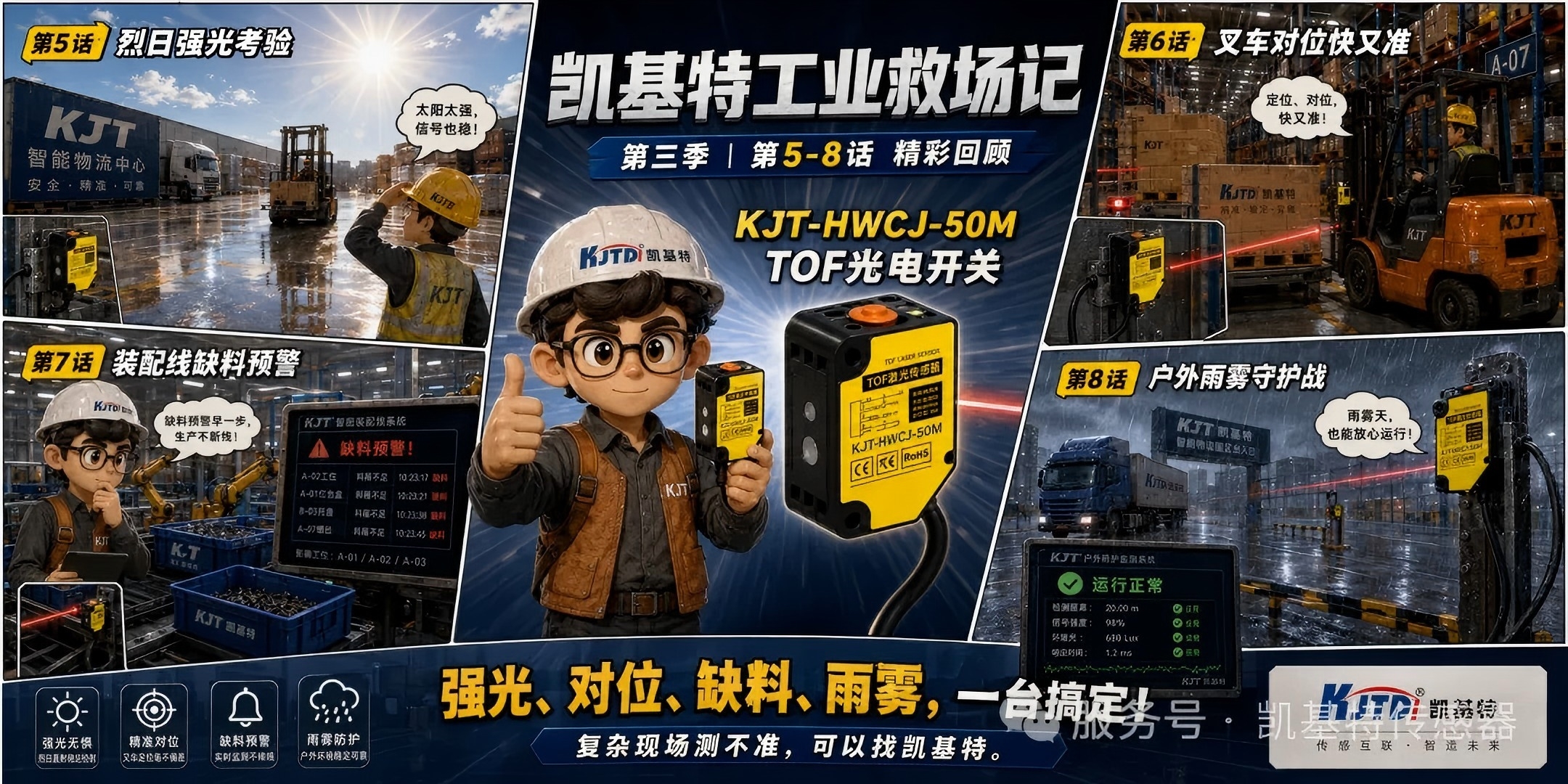 凯基特工业救场记｜KJT-HWCJ-50M TOF光电开关 ：强光、对位、缺料、雨雾，一个个稳住！